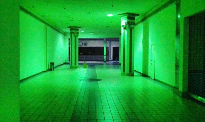 Vernon Park Mall, Kinston, North Carolina. This Old Mercury Vapor-Illuminated Hallway Is Basically The Matrix. I Adjusted Nothing With The Color