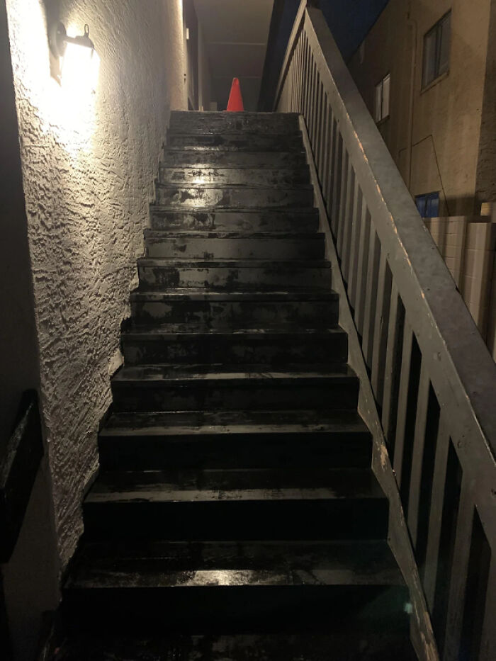 2: "I came back from Thanksgiving to find that my landlord had revarnished/painted the stairs up to my apartment. They are still wet, I was given no notice, and there is only one staircase"